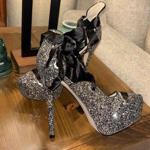 Sparkle 6” stiletto, glitter tie-up heels - Picture 8 of 16